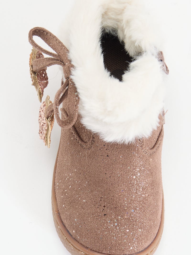 Bottines en suédine pailletée avec revers effet fourrure Marron - Kiabi