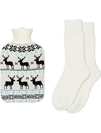 Bouillotte à eau avec chaussettes et housse tricot motif cerf