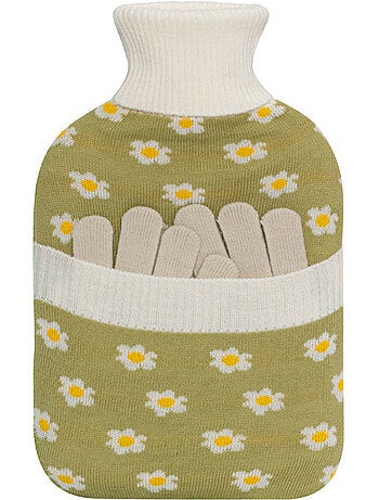 Bouillotte à eau avec gants et housse tricot motif fleurs