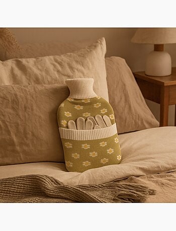 Bouillotte à eau avec gants et housse tricot motif fleurs