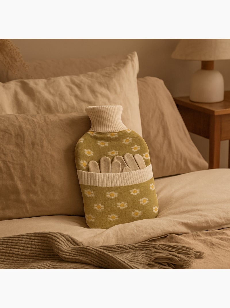Bouillotte à eau avec gants et housse tricot motif fleurs Vert - Kiabi