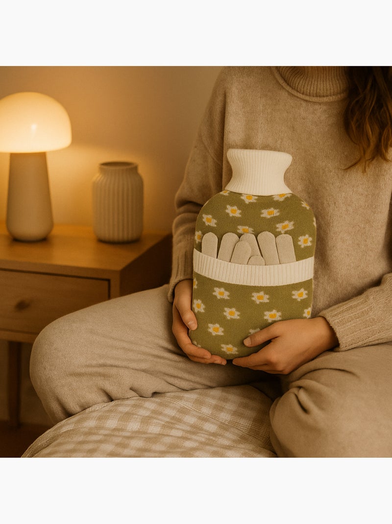Bouillotte à eau avec gants et housse tricot motif fleurs Vert - Kiabi