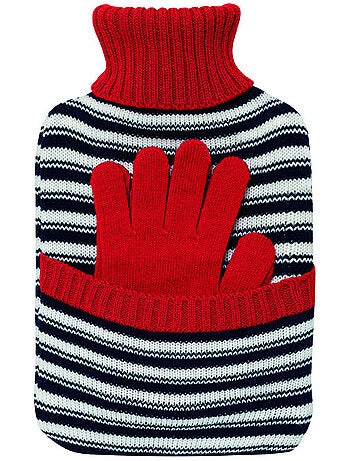 Bouillotte à eau avec gants et housse tricot rayée