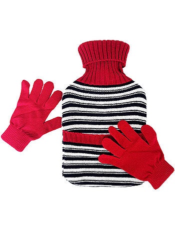 Bouillotte à eau avec gants et housse tricot rayée