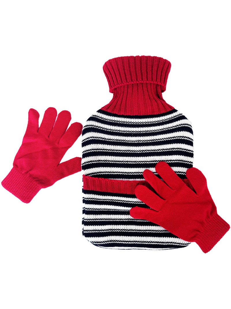 Bouillotte à eau avec gants et housse tricot rayée Rouge - Kiabi