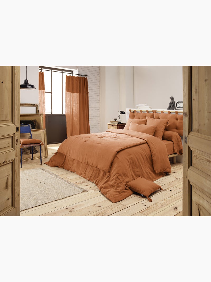 Bout de lit – double gaze de coton unie - finition pompon - gaïa Abricot - Kiabi
