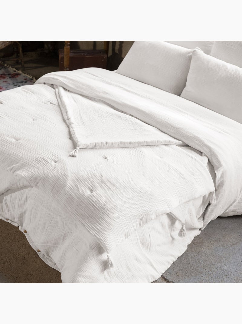 Bout de lit – double gaze de coton unie - finition pompon - gaïa Blanc - Kiabi