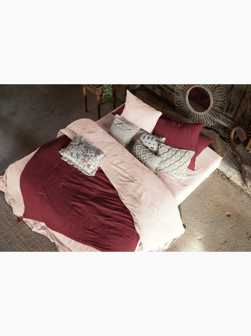 Bout de lit – double gaze de coton unie - finition pompon - gaïa Bordeaux - Kiabi