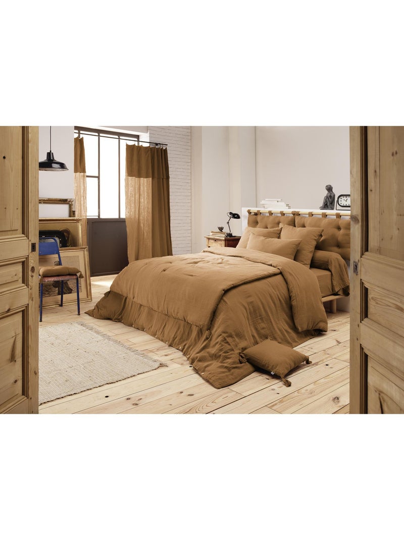 Bout de lit – double gaze de coton unie - finition pompon - gaïa Camel - Kiabi