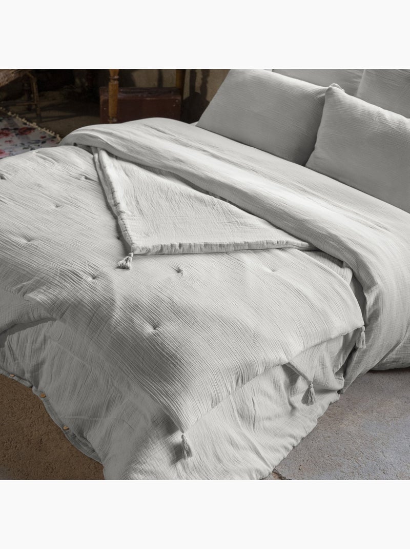 Bout de lit – double gaze de coton unie - finition pompon - gaïa Gris - Kiabi