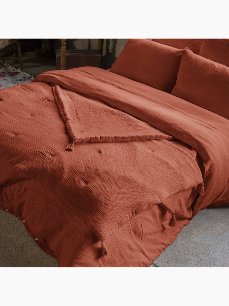 Bout de lit – double gaze de coton unie - finition pompon - gaïa Terracotta - Kiabi