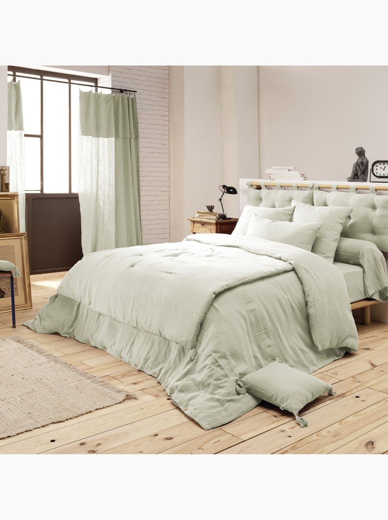 Bout de lit – double gaze de coton unie - finition pompon - gaïa Vert d'eau - Kiabi