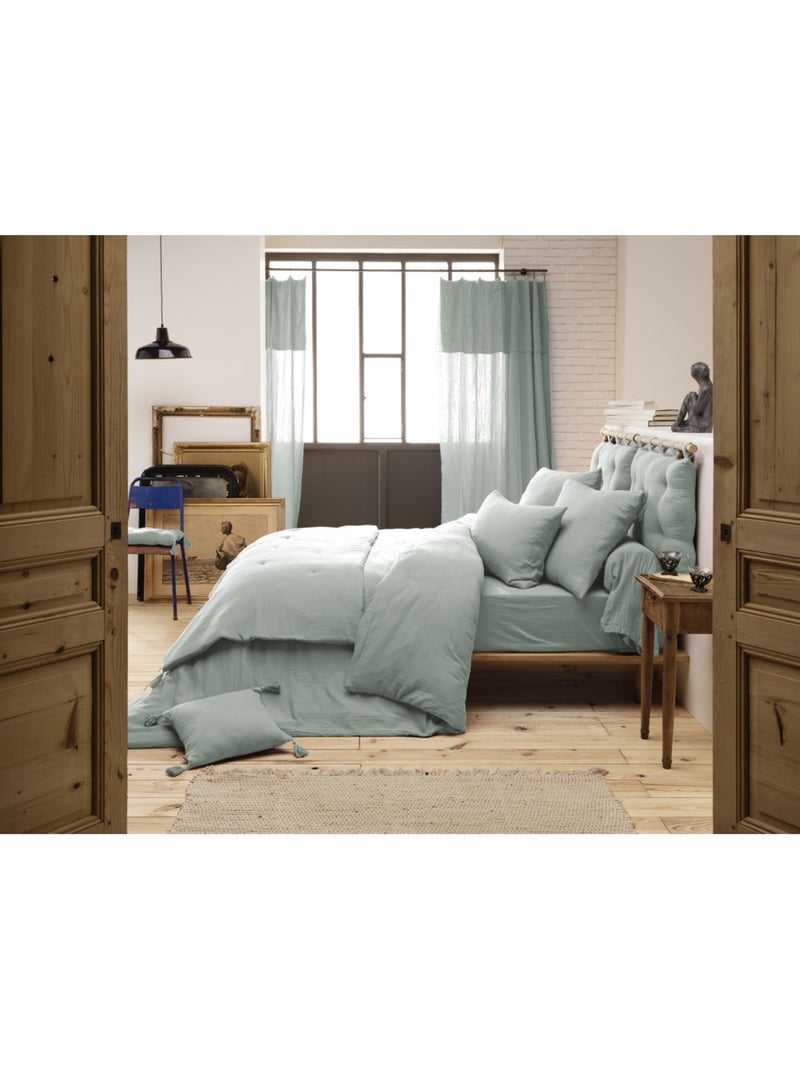Bout de lit – double gaze de coton unie - finition pompon - gaïa Vert eucalyptus - Kiabi