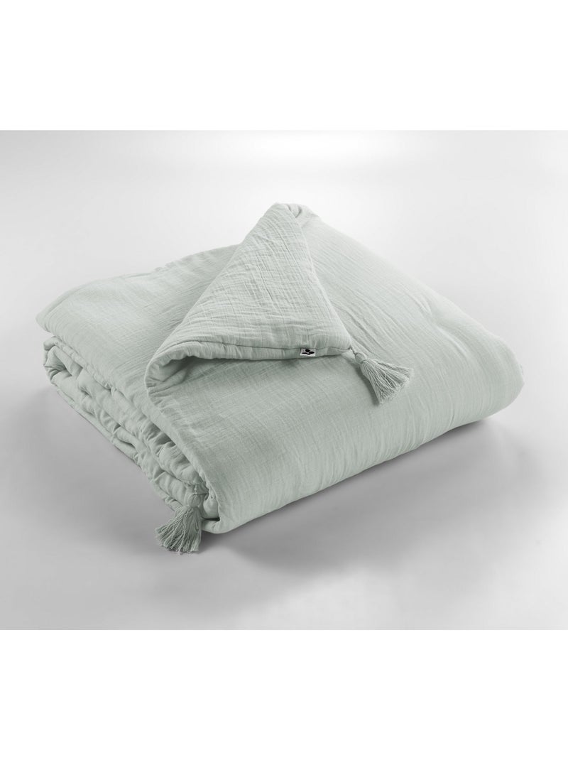 Bout de lit – double gaze de coton unie - finition pompon - gaïa Vert eucalyptus - Kiabi