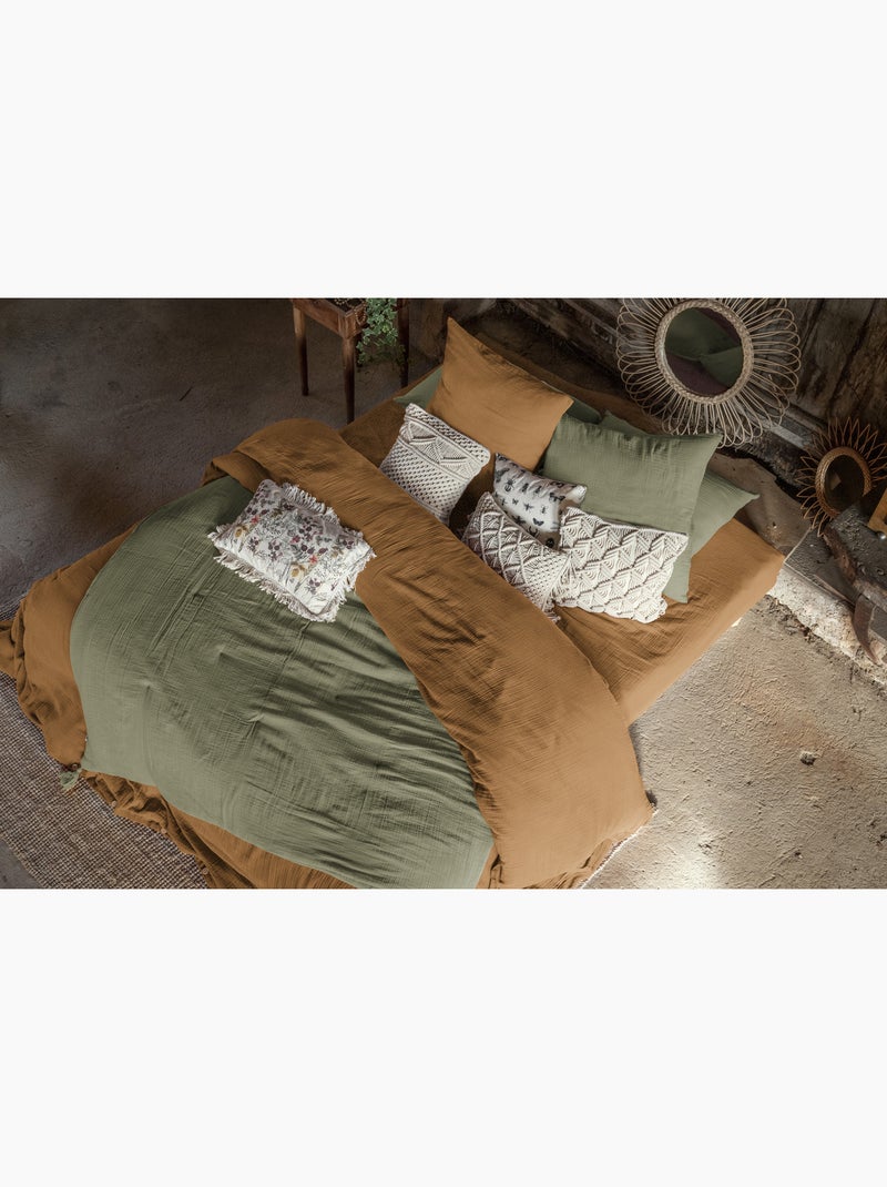 Bout de lit – double gaze de coton unie - finition pompon - gaïa Vert romarin - Kiabi