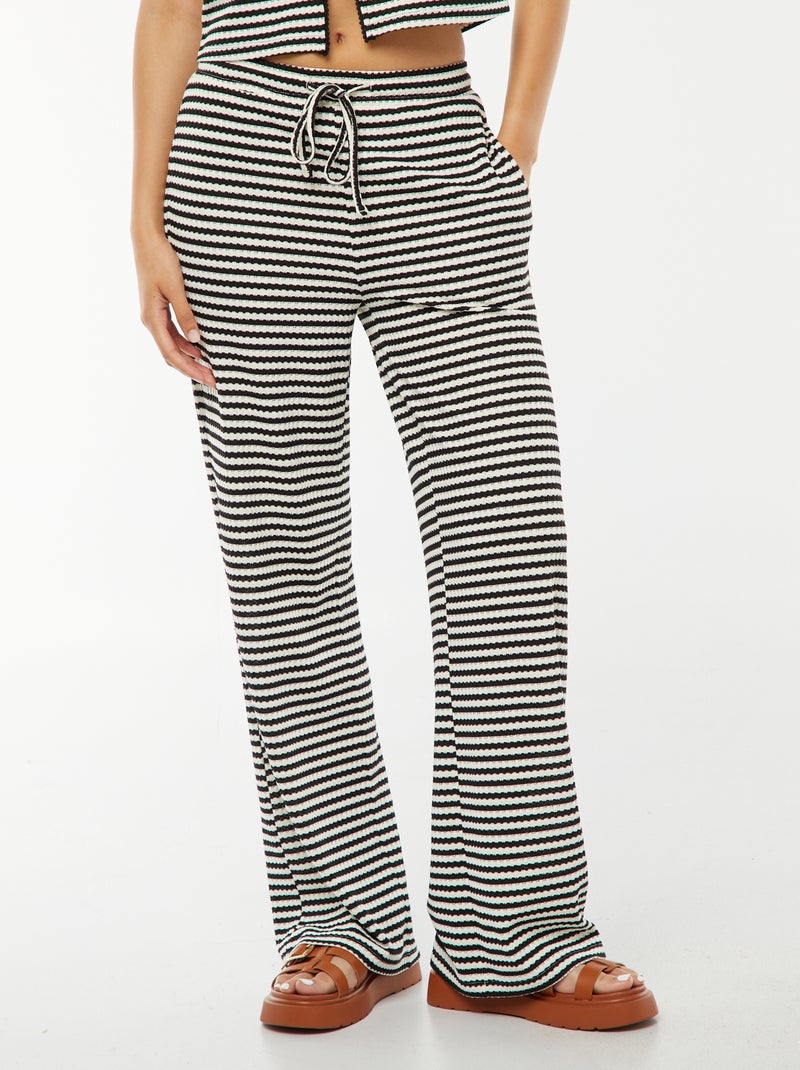 Brede broek van gewafeld tricot met strepen ZWART - Kiabi