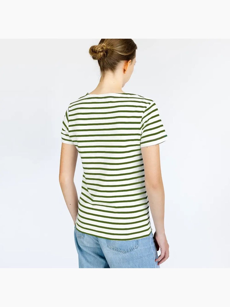'Breizh Océan' Bretons gestreept shirt voor heren of dames, unisex T-shirt met korte mouwen Wit/Kaki - Kiabi
