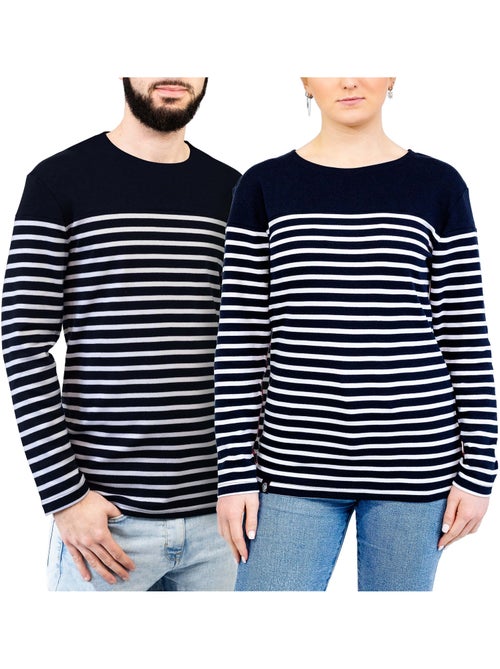 'Breizh Océan' gestreepte shirt met lange mouwen, gemaakt van dik, katoen, voor heren of dames. - Kiabi