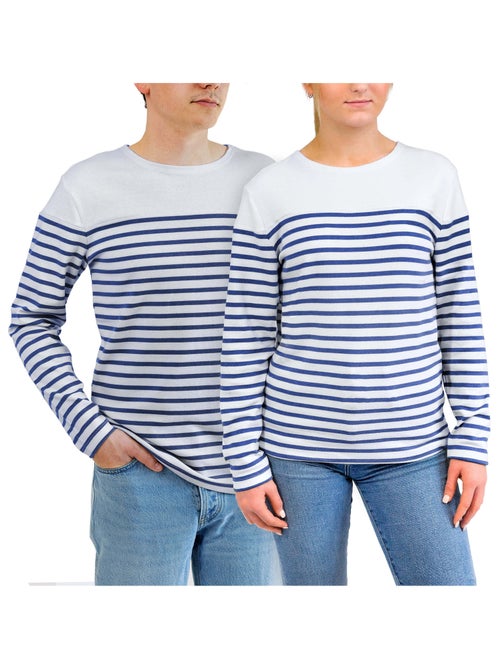 'Breizh Océan' gestreepte shirt met lange mouwen, gemaakt van dik, katoen, voor heren of dames. - Kiabi