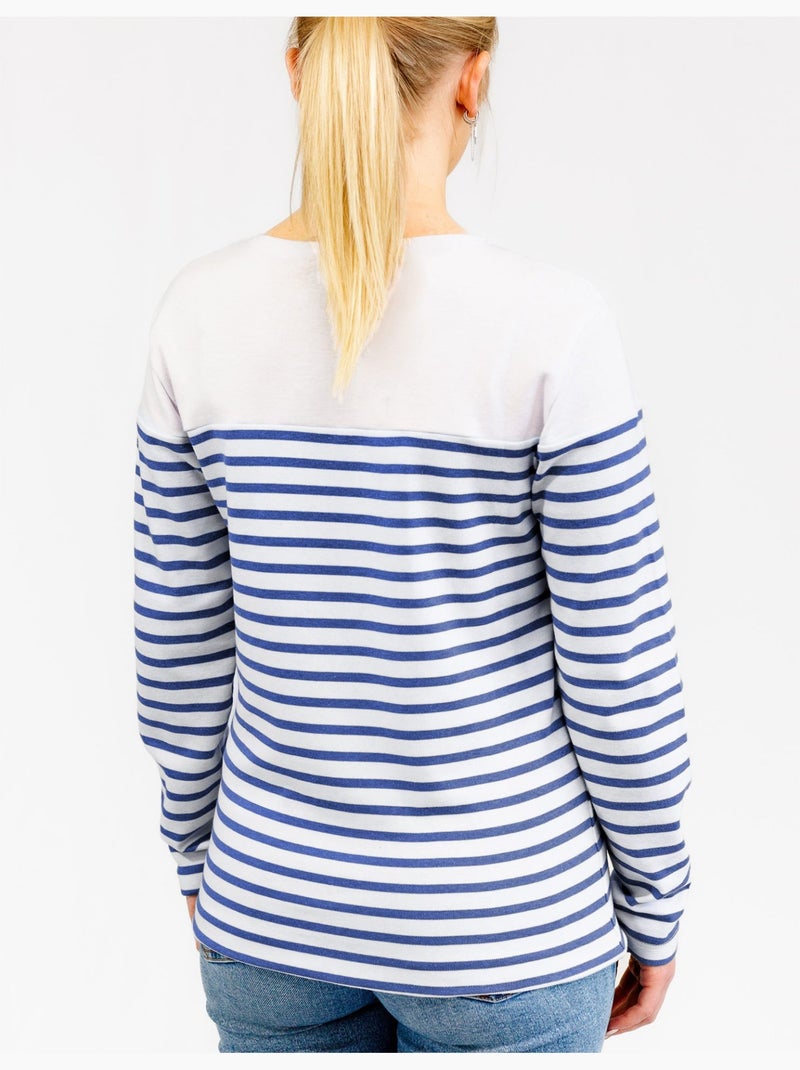 'Breizh Océan' gestreepte shirt met lange mouwen, gemaakt van dik, katoen, voor heren of dames. Wit/Hemelsblauw - Kiabi