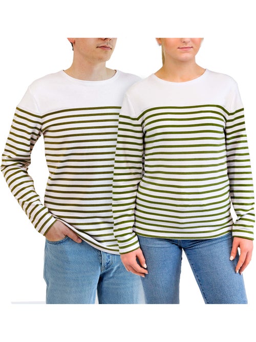 'Breizh Océan' gestreepte shirt met lange mouwen, gemaakt van dik, katoen, voor heren of dames. - Kiabi