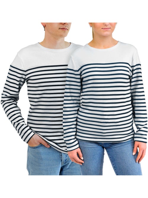 'Breizh Océan' gestreepte shirt met lange mouwen, gemaakt van dik, katoen, voor heren of dames. - Kiabi