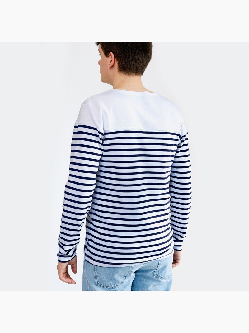 'Breizh Océan' gestreepte shirt met lange mouwen, gemaakt van dik, katoen, voor heren of dames. Wit/Marineblauw - Kiabi