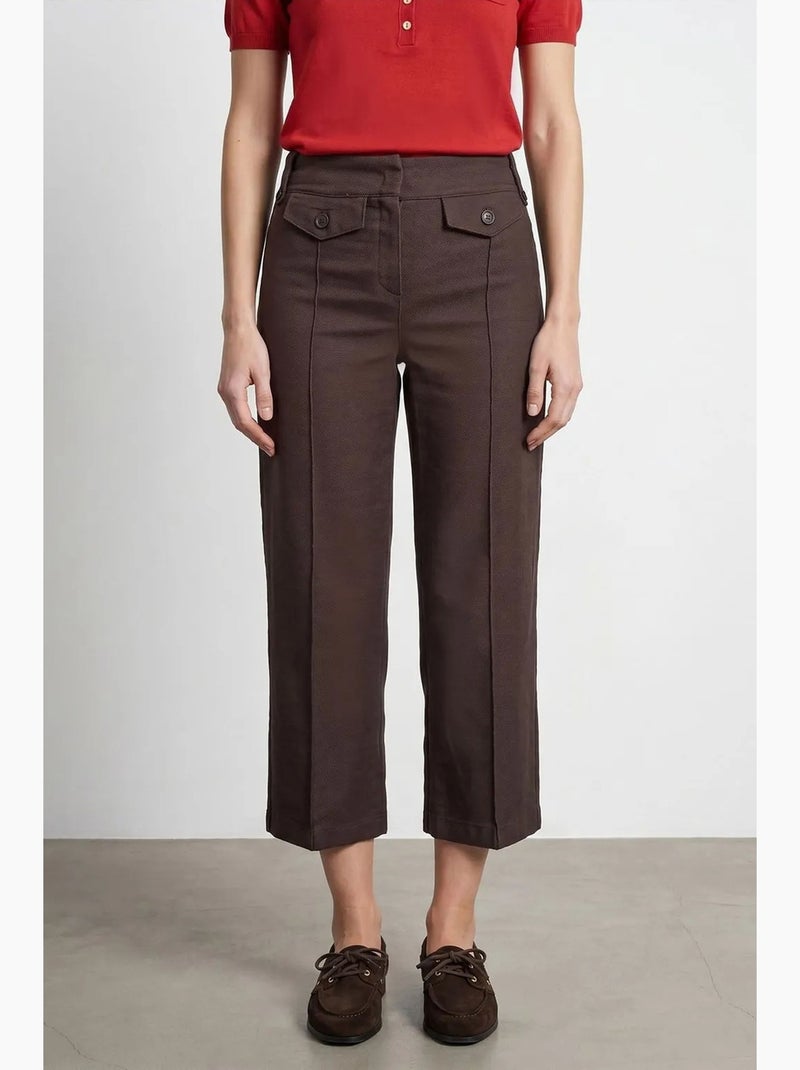 Broek 7/8 van katoenpopeline hoge taille dilvin Chocoladebruin - Kiabi