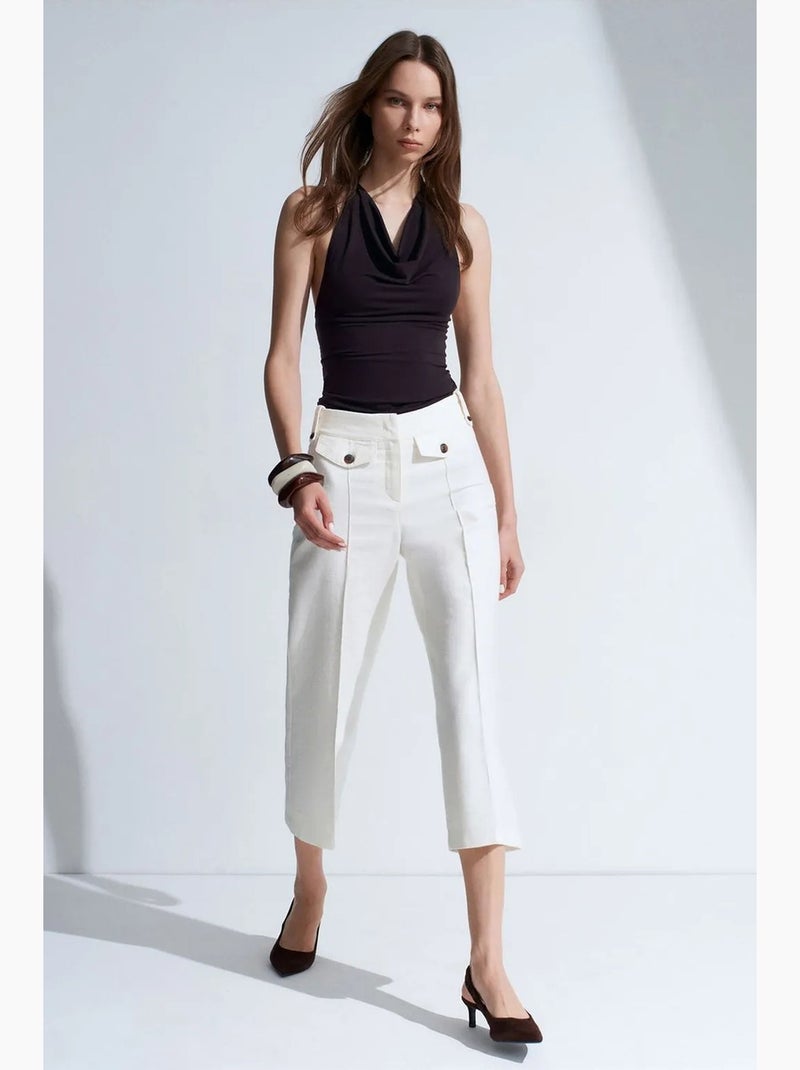 Broek 7/8 van katoenpopeline hoge taille dilvin Wit - Kiabi