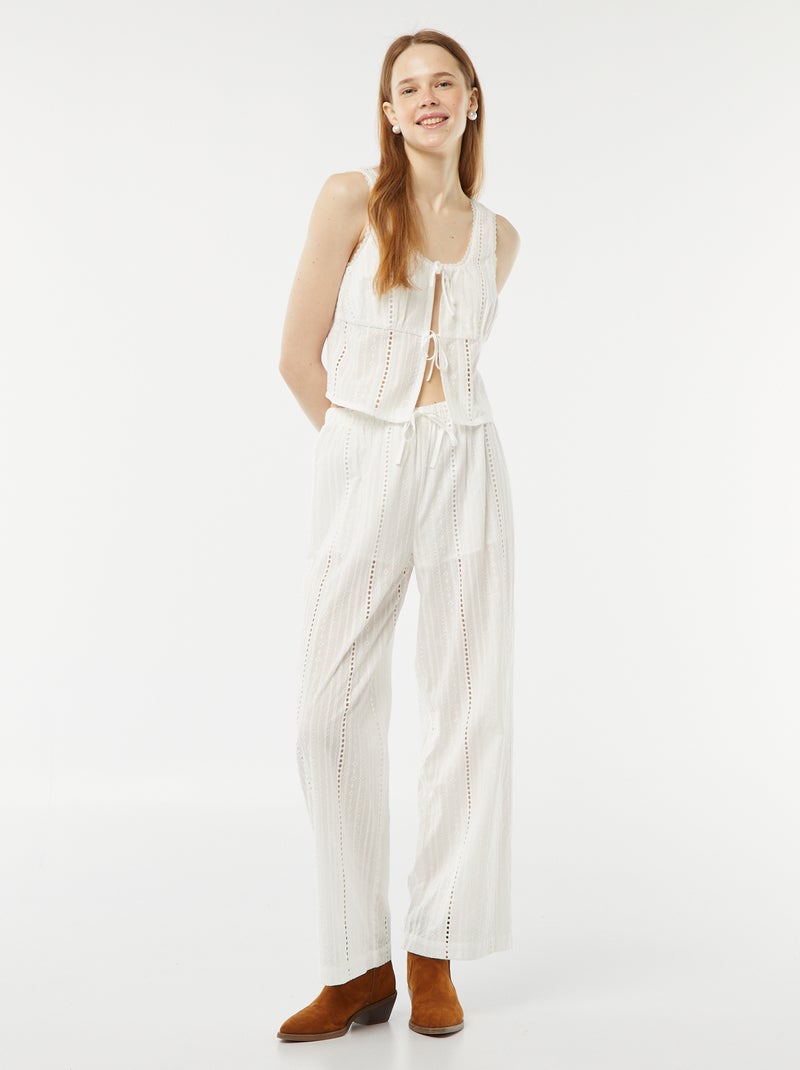 Broek met broderie anglaise en ajourtricot WIT - Kiabi