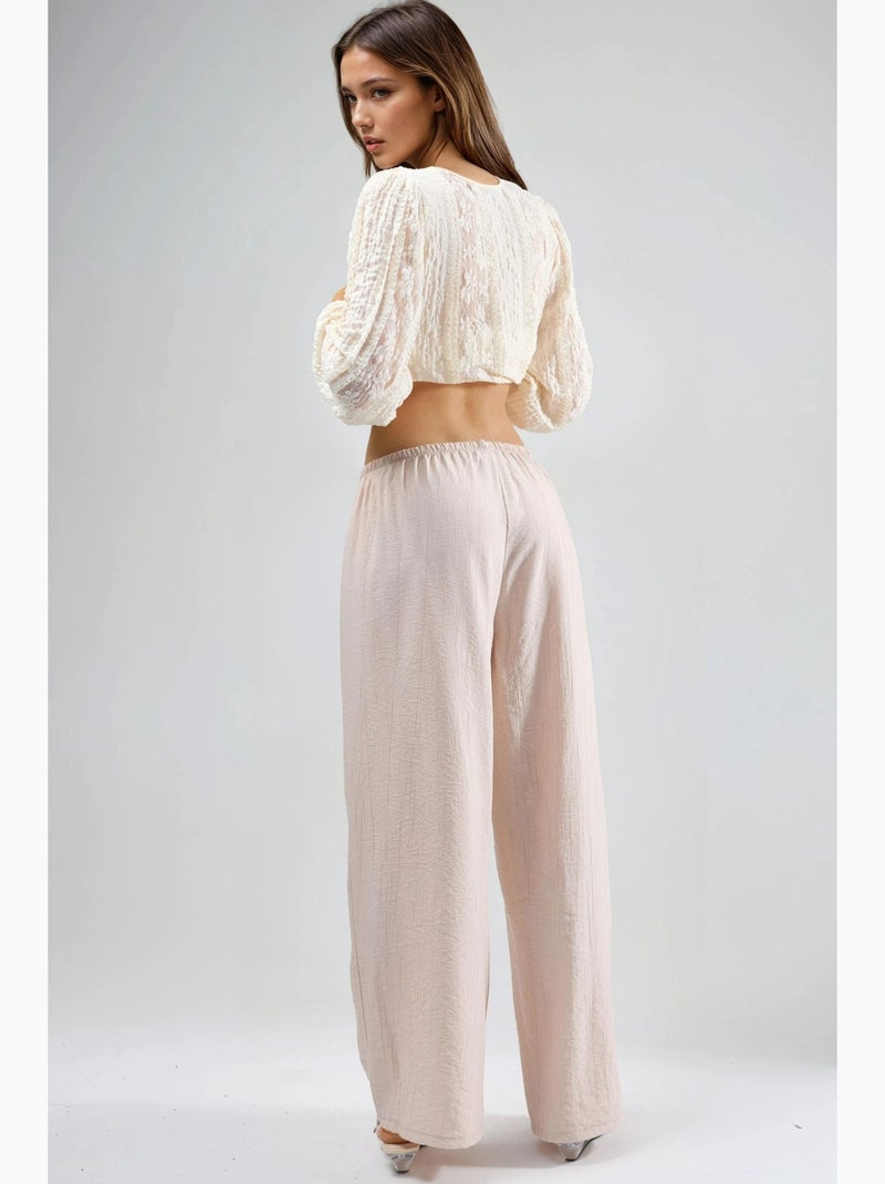 Broek met elastische taille en strikdetail busem Zand - Kiabi