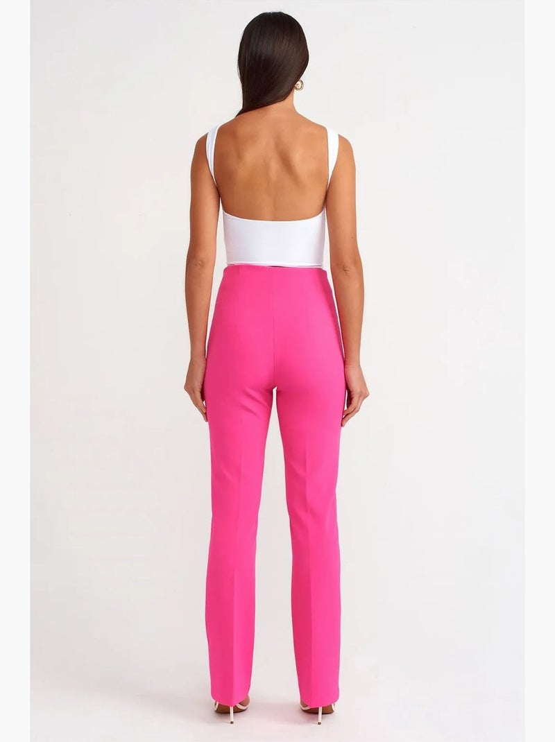 Broek met hoge taille en uitlopende pijp dilvin Fluorroze/Solinotes - Kiabi