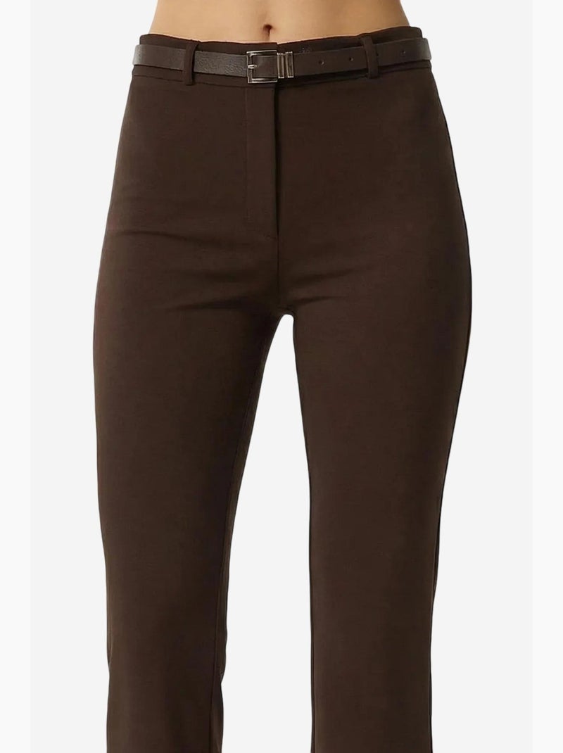Broek met hoge taille en uitlopende pijpen en riem istanbul Chocoladebruin - Kiabi