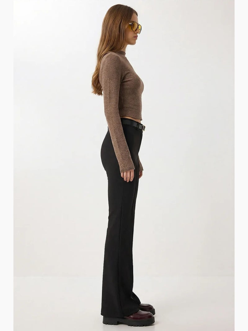 Broek met hoge taille en uitlopende pijpen en riem istanbul Zwart - Kiabi