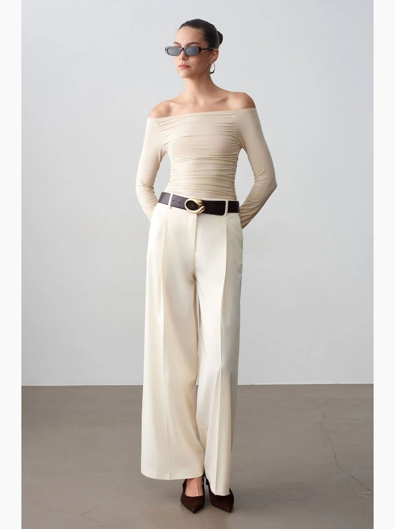 Broek met hoge taille en wijde pijp in crêpe dilvin Crème - Kiabi