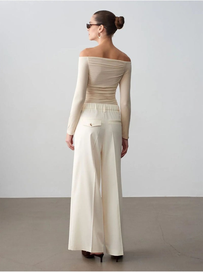 Broek met hoge taille en wijde pijp in crêpe dilvin Crème - Kiabi