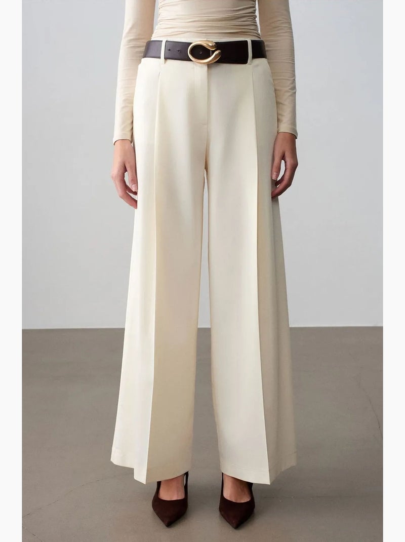 Broek met hoge taille en wijde pijp in crêpe dilvin Crème - Kiabi