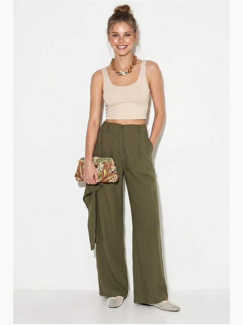Broek met hoge taille en wijde pijp van crêpe lucci Kaki - Kiabi