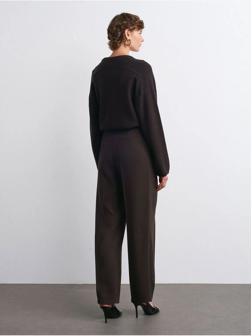 Broek Met Hoge Taille En Wijde Pijpen Van Crêpe Chocoladebruin - Kiabi