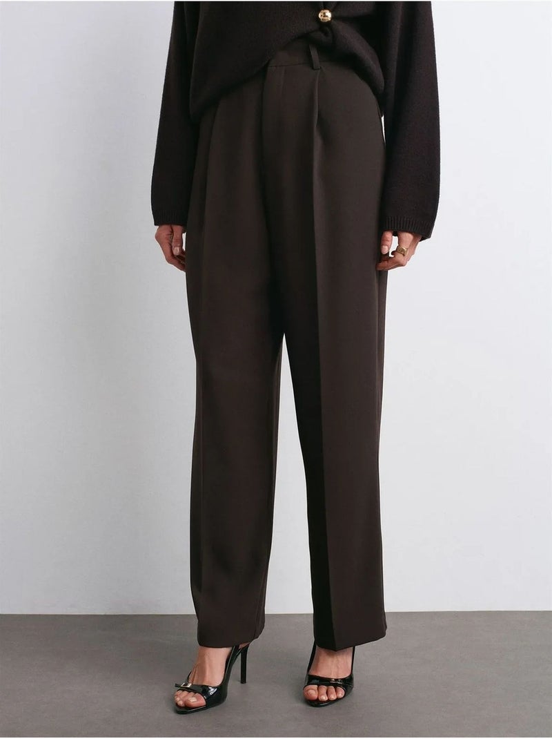 Broek Met Hoge Taille En Wijde Pijpen Van Crêpe Chocoladebruin - Kiabi