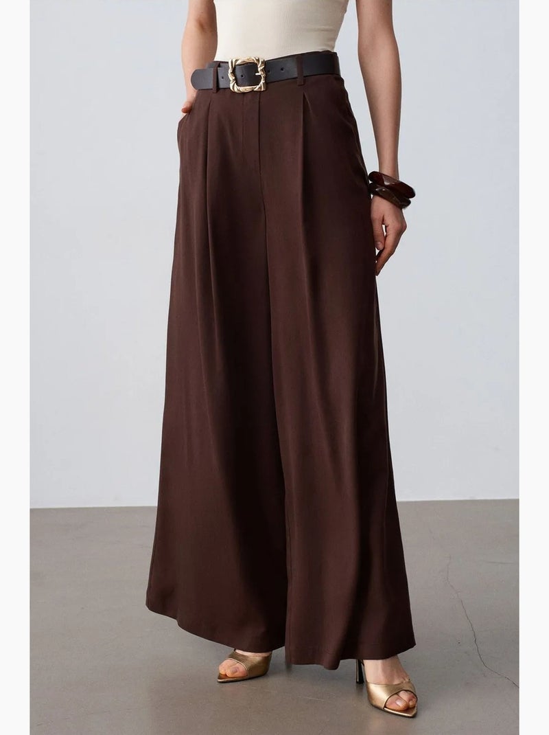 Broek met hoge taille, plooien en wijde pijp dilvin Chocoladebruin - Kiabi