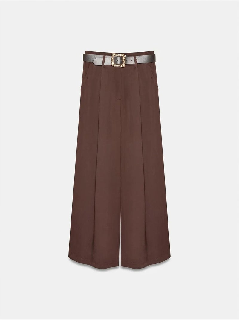 Broek met hoge taille, plooien en wijde pijp dilvin Chocoladebruin - Kiabi