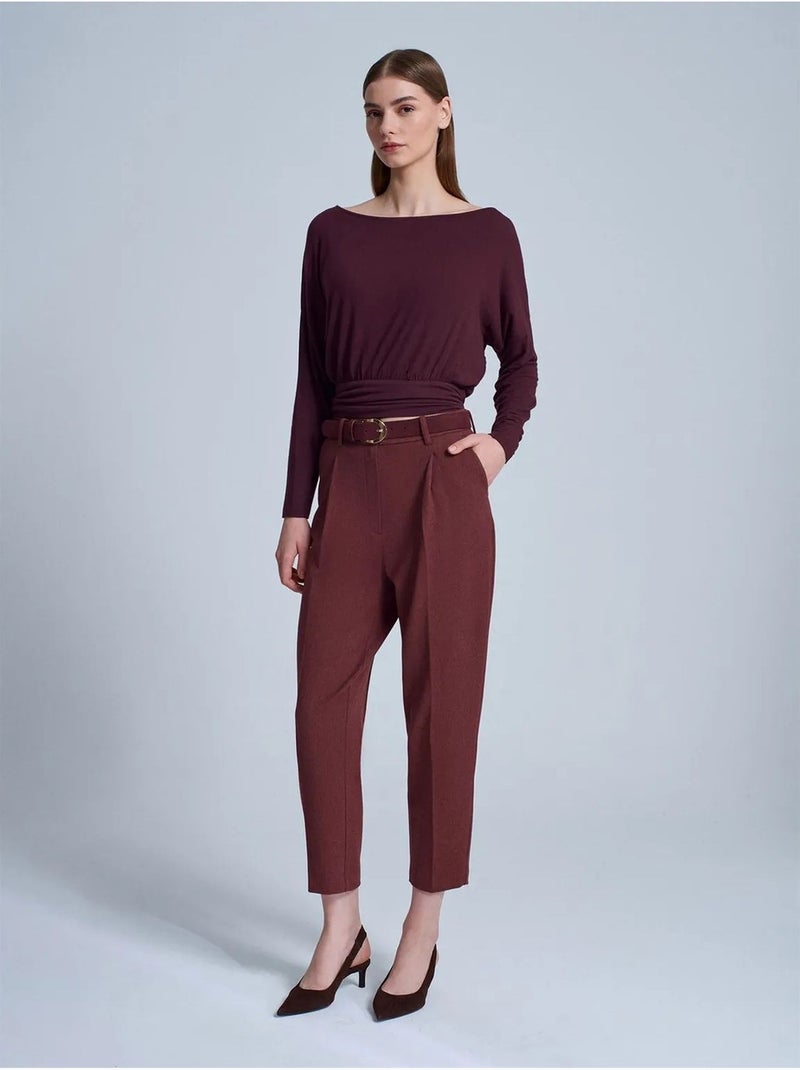 Broek met hoge taille, riem en rechte pijp dilvin Bordeauxrood - Kiabi