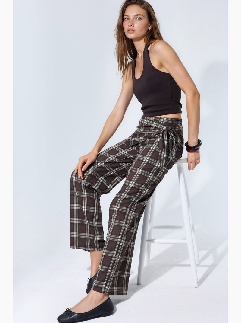 Broek met hoge taille, ruitdessin en wijde pijp hiccup Bruin - Kiabi