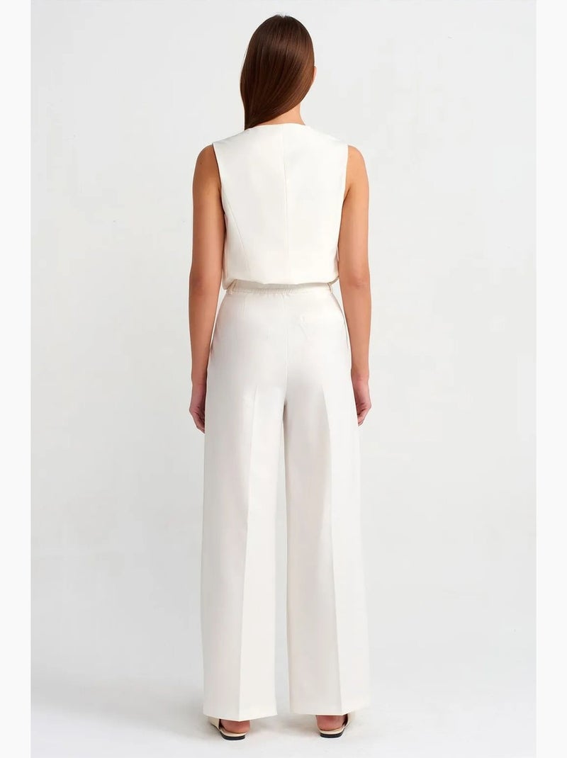 Broek met hoge taille, wijde pijp en riem dilvin Gebroken wit - Kiabi