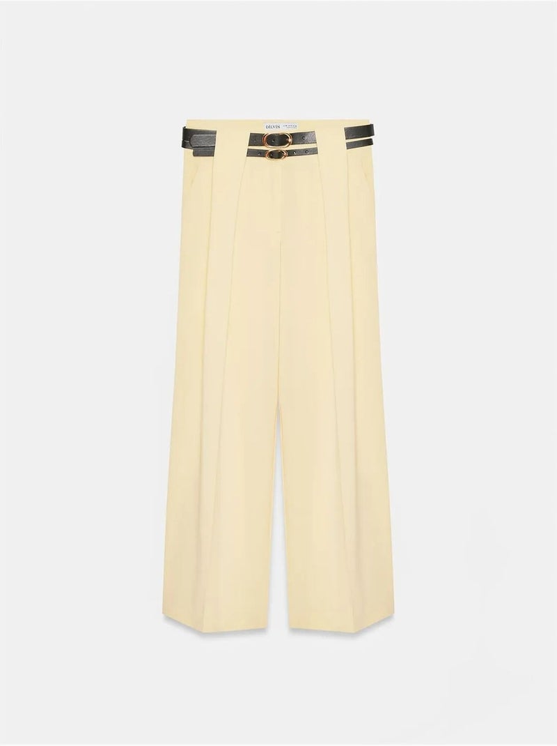 Broek met hoge taille, wijde pijpen en plooien dilvin Citroengeel - Kiabi