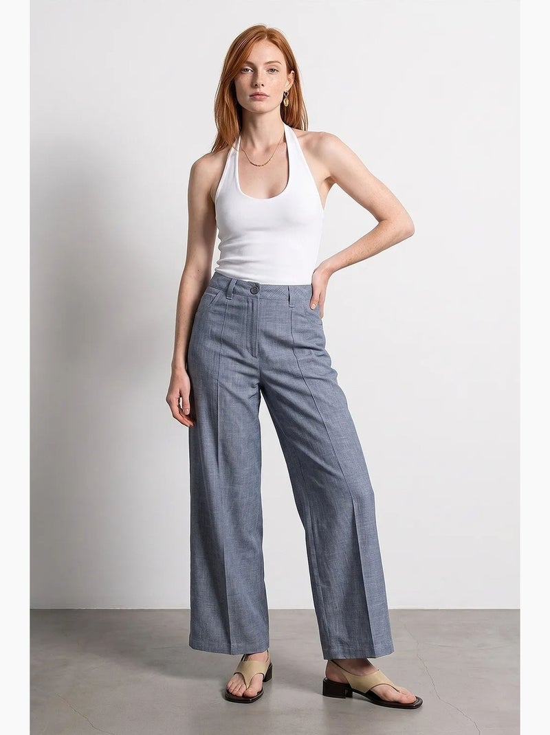 Broek met hoge taille, wijde pijpen en plooien dilvin Grijs - Kiabi