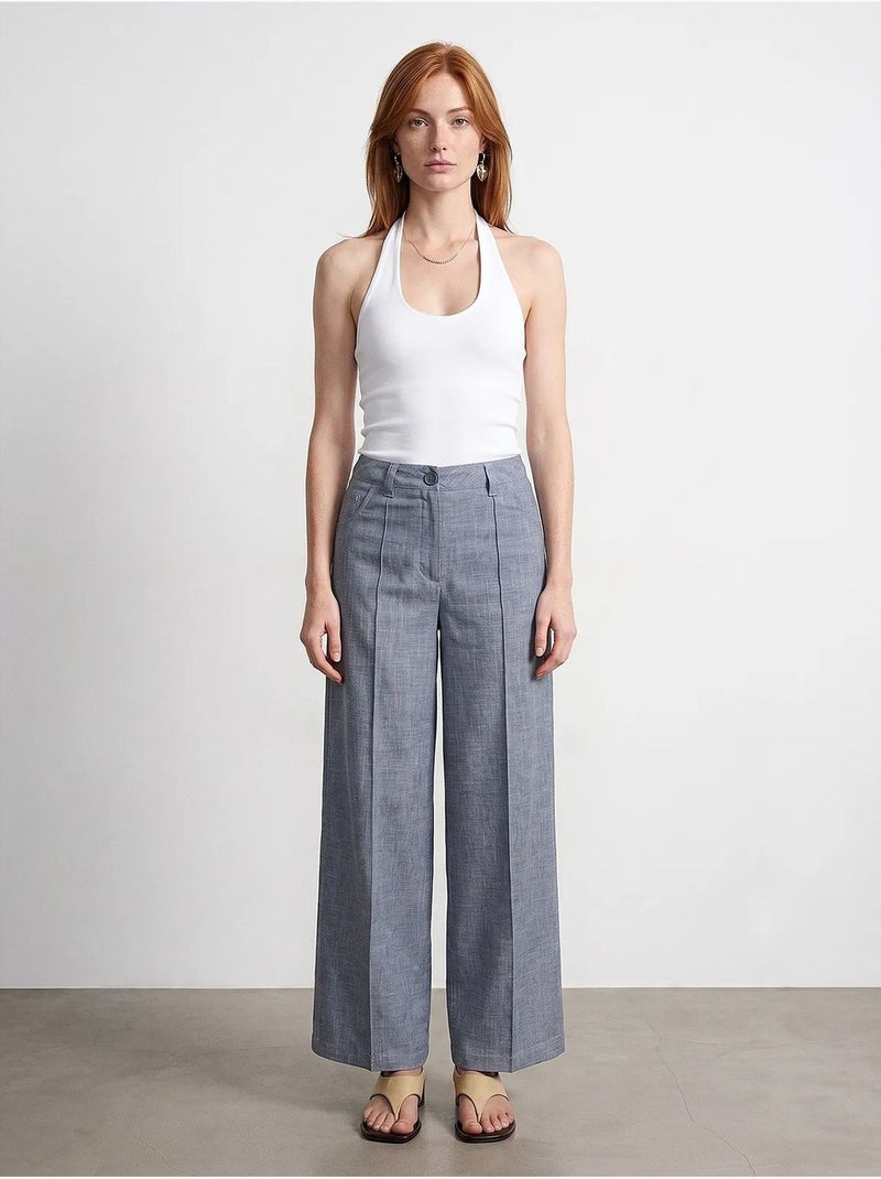 Broek met hoge taille, wijde pijpen en plooien dilvin Grijs - Kiabi