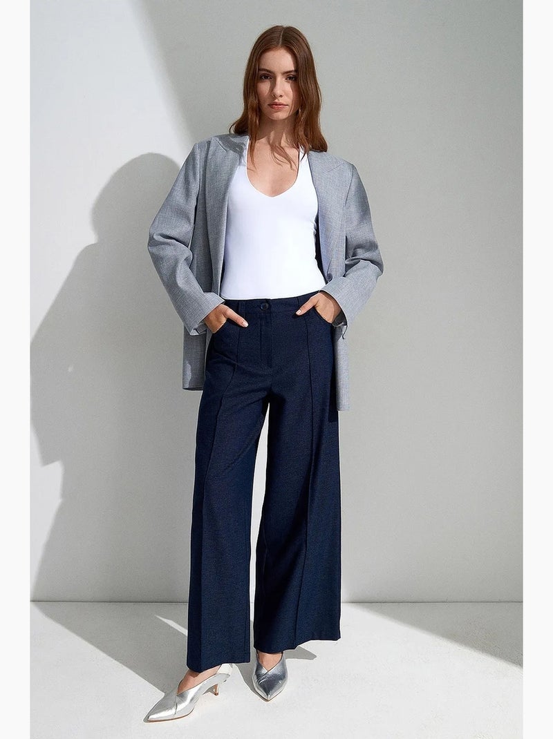 Broek met hoge taille, wijde pijpen en plooien dilvin Marineblauw - Kiabi