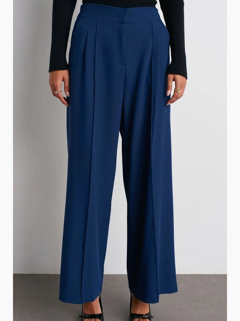 Broek met hoge taille, wijde pijpen en plooien dilvin Marineblauw - Kiabi